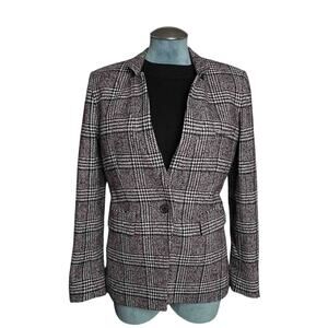 Veronica Beard Plaid Wool Blend Tailored Blazer 8 Black Upcollar Dickey Jacket